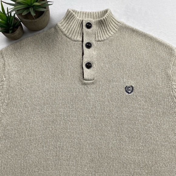 Chaps Knit Mock Neck Quarter Button Elbow Patch Long Sleeve Pullover Sweater - Picture 3 of 16